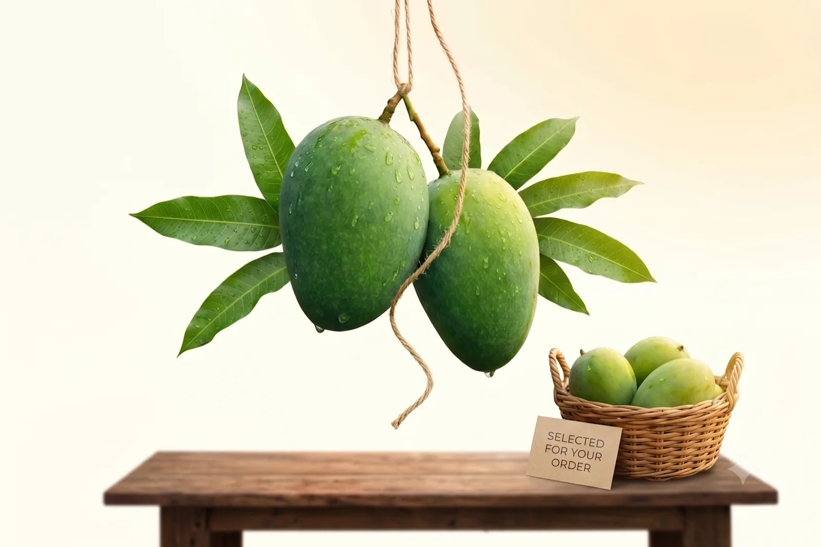 Fresh green mangoes ripening on the tree in our family orchard